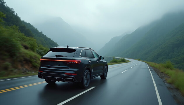 Back view of an SUV traveling on a winding mountain road surrounded by lush green hills