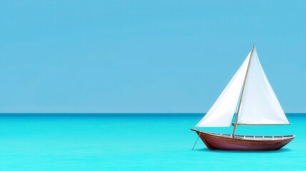 Fototapeta premium Serene wooden sailboat floating on tranquil turquoise waters under a clear blue sky, embodying peace and relaxation
