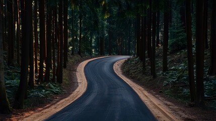 Naklejka premium Winding forest road at twilight surrounded by towering trees and lush greenery creating a serene and peaceful atmosphere