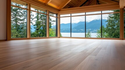 Fototapeta premium Spacious and modern living room with panoramic windows overlooking a serene lake and majestic mountain range