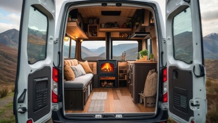 Van camper interior scenic view