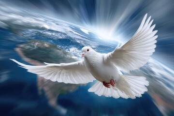 Fototapeta premium A white dove gracefully glides above the Earth, embodying peace and harmony. This powerful symbol represents the essence of international peace month, urging unity