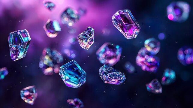 A mesmerizing float of colorful gemstones glimmering against a vibrant, ethereal backdrop filled with cosmic light and rich colors
