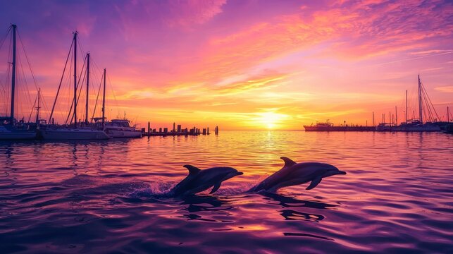 Dolphins playfully jumping in a vibrant sunset over a tranquil harbor filled with sailboats and yachts - Powered by Adobe