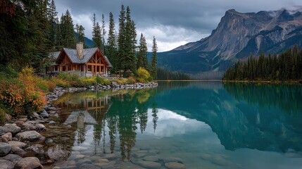 Naklejka premium Emerald Lake in Yoho National Park with clear water, cabin, and mountains during the daytime