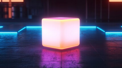 Glowing neon cube in a dark futuristic setting with vibrant lights capturing an ethereal ambiance and modern design elements.