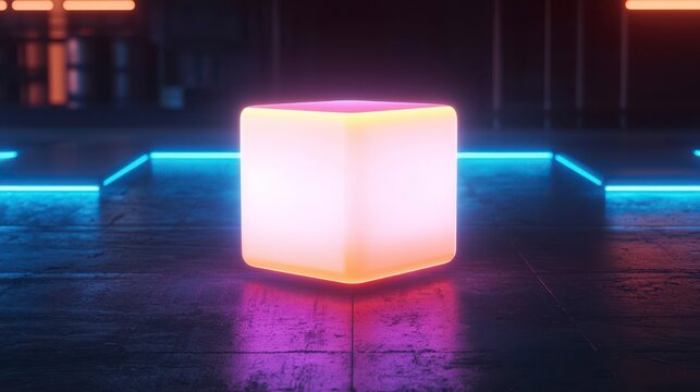 Glowing neon cube in a dark futuristic setting with vibrant lights capturing an ethereal ambiance and modern design elements.