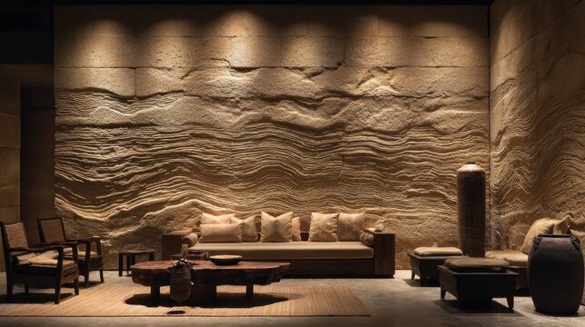 Warm sandstone wall with layered artisanal finish for luxury branding.