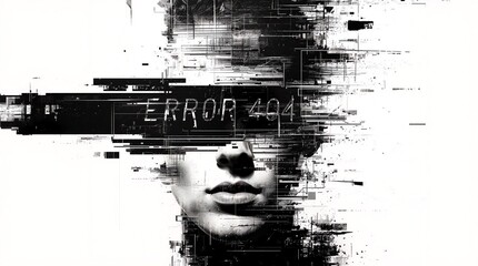 Abstract glitch art portrait of a human face with fragmented black and white digital distortion, ERROR 404 text, futuristic cyberpunk design representing technology malfunction and data corruption
