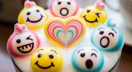Vibrant latte art with playful emoji faces and colorful heart design brings joy