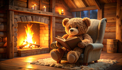 A teddy bear sits in a cozy armchair, reading a book by a crackling fireplace in a rustic log cabin.