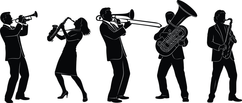 Marching band instruments. Piano, black trumpet players, brass band, trombone editable vector silhouettes illustration 