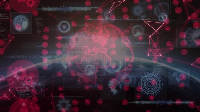 Opening dark space, red nodes floating outlining globe, UI icons animating showing global network