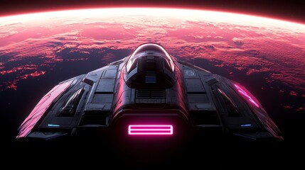 Obraz premium A futuristic spacecraft soaring above a breathtaking alien planet bathed in vibrant pink hues and cosmic wonders