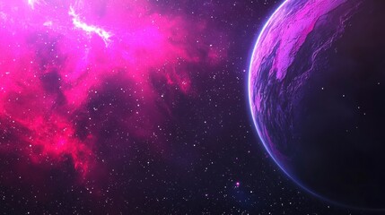 Fototapeta premium A breathtaking cosmic scene featuring a distant planet surrounded by vibrant pink nebula and countless stars in a vast universe
