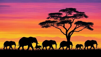 Fototapeta premium A majestic family of elephants silhouetted against a stunning sunset, showcasing nature's beauty and tranquility in an African landscape