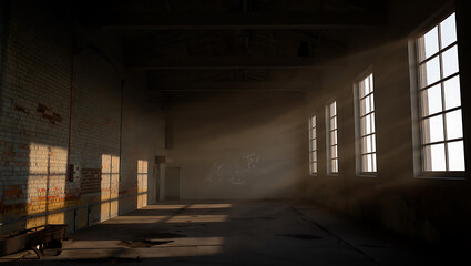 Sunlight Streaming Through Windows in Abandoned Industrial Building Creating Atmospheric and Dramatic Light and Shadow Play Interior with Empty Space