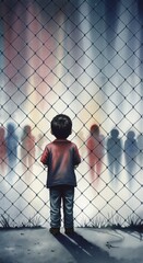 The boy stands and looks at the blurred figures behind the fence