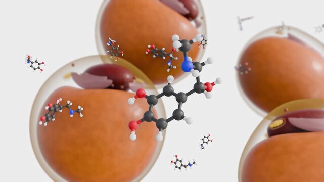 A 3d animation of adrenaline molecules, also known as epinephrine, play a crucial role in regulating how your body uses and stores energy with fat cells.