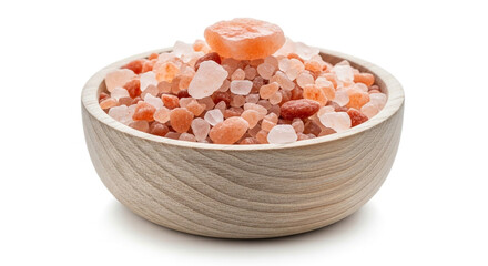 Natural pink Himalayan salt crystals fill a rustic wooden bowl, ready for culinary use or spa treatments.