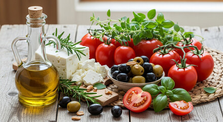 Fresh Mediterranean ingredients like tomatoes, olives, feta, and olive oil create a vibrant and healthy culinary scene.