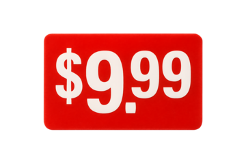 Red price tag showing $9.99 in bold white text isolated on transparent background