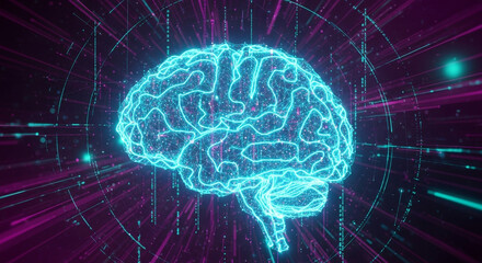 Stunning digital brain visualization with vibrant neon light and futuristic data streams, representing AI and cognition.