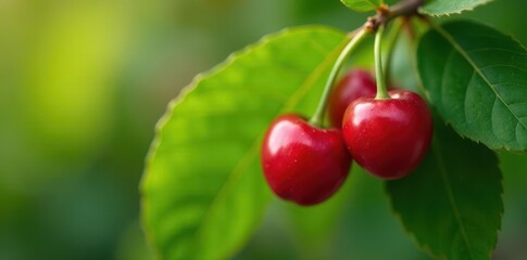 Luscious red cherries on the branch, vibrant green leaves , berry, fresh, gardening