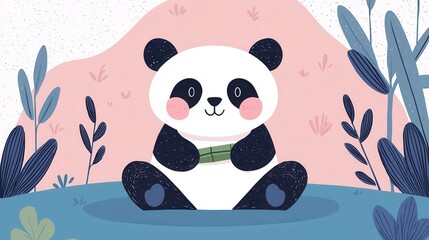 Charming illustration of a cute panda character sitting on a grassy patch, surrounded by whimsical plants under a soft pink background
