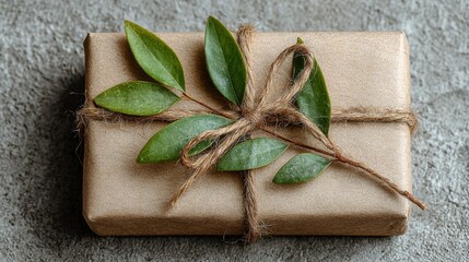 Present wrapped in brown paper and tied with twine, decorated with green leaves