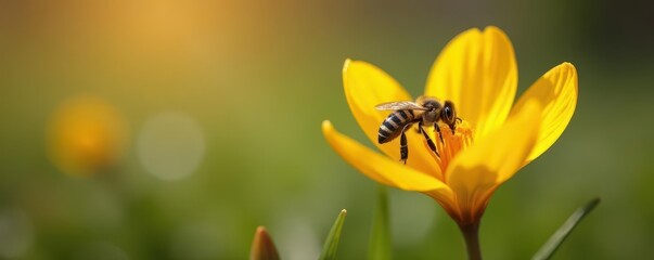 Obraz premium busy bee collecting nectar from a single yellow crocus, pollination, outdoors, nature