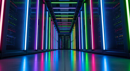 Vibrant neon server room corridor pulsing with futuristic energy and digital data flow