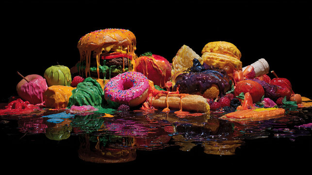 Surreal still life of artificially perfect food melting into darkness, symbolizing modern dietary contradictions.
