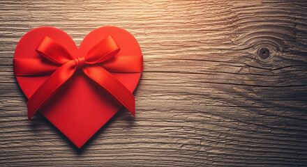 Beautiful red heart gift box with satin ribbon on rustic wood, perfect for romance and celebrations.
