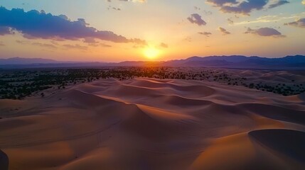 Stunning golden sunset over rolling sand dunes in an expansive desert landscape, highlighting tranquil nature's beauty