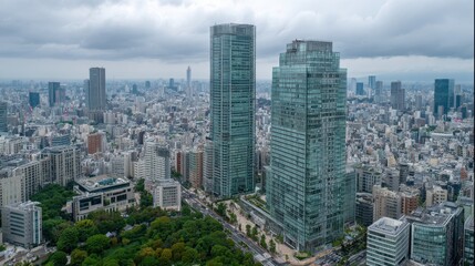 Fototapeta premium Aerial view of towering skyscrapers in Tokyo, Japan under a cloudy sky