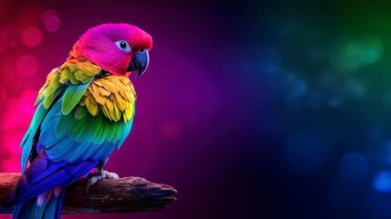 A vibrant parrot perched on a branch against a colorful bokeh background, showcasing its striking plumage and charismatic presence.