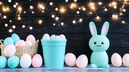 Colorful Easter egg arrangement with decorative bunny on a rustic wooden background illuminated by fairy lights