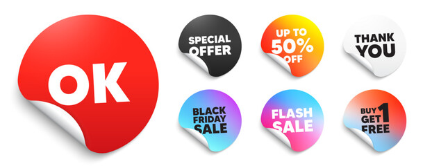 OK red sticker tag. Special offer paper price tags. OK text tag. Approved okay message. Done or Good deal symbol. Discount, black friday sticker. Promo banner. Vector