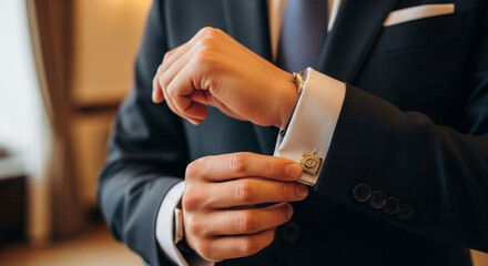 Close up of man adjusting cufflink on suit jacket formal wear fashion style elegant accessory detail attire
