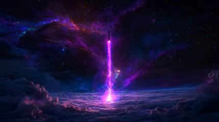 A stunning rocket launching into a vibrant cosmic expanse filled with swirling colors and celestial bodies