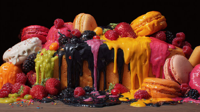 Surreal still life of artificially perfect food melting into darkness, symbolizing modern dietary contradictions.