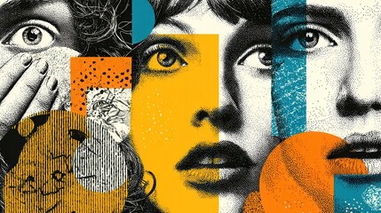 Graphic composition featuring sketched portraits and orange circles on white background