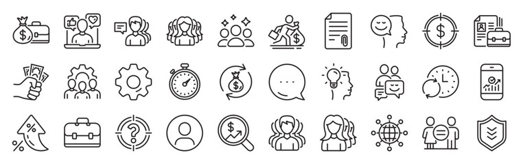 Business user line icons. Settings gear, Message, Inflation icons. Group, Profile and Teamwork icons. Portfolio, Timer and Security shield symbols. Vector