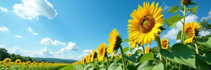 Fototapeta premium Giant sunflowers stretching towards the sky amidst lush green foliage and a clear blue summer sky, field, outdoors, sunny