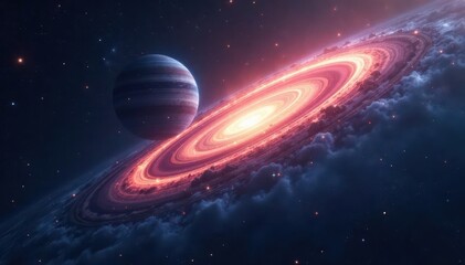 Obraz premium Nebula with glowing ring halo around a distant planet, cosmos, space, floating