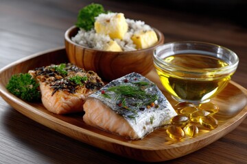 Omega 3 formula: soft capsule, pure essence, lipid aid, cognitive support, joint relief, golden shape, health boost, dietary source, smooth intake, essential nutrient, wellness detail