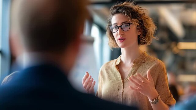 Medium shot of a candidate confidently explaining financial projections in an equitycrowdfunding duediligence QA session main speaker in crisp focus audience and boards softly