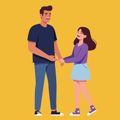 Young couple holding hands and smiling together in casual clothing on yellow background vector illustration 