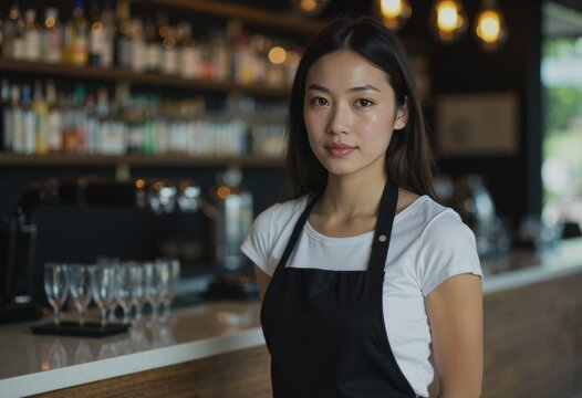 Barback standing confidently near a clean glass station in a modern bar